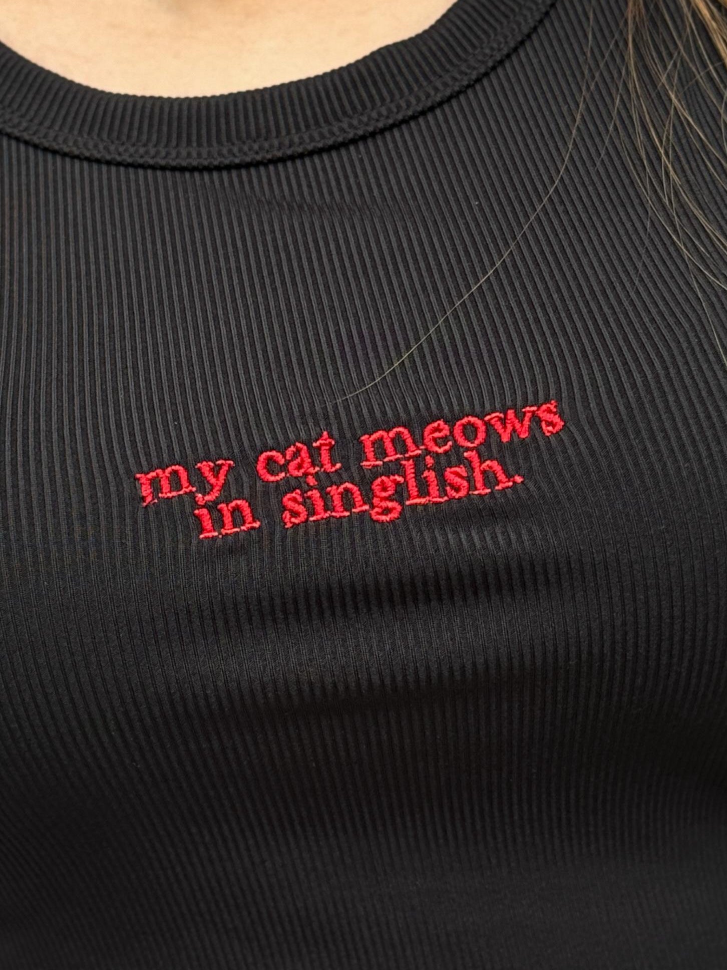 my cat meows in singlish tank top (black)
